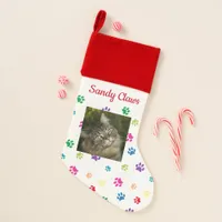 Cute Cat Name & Photo Colorful Paw Prints Christmas Stocking