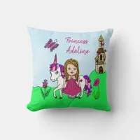 Personalized Princess and Unicorn Rainbow Girl's Throw Pillow