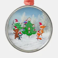 Cartoon Animals Dancing Around the Christmas Tree Metal Ornament