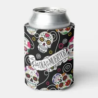 Sugar Skulls and Swirls Rose Black ID725 Can Cooler