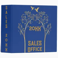 Monogrammed Gold Trees with Birds on Blue | 3 Ring Binder