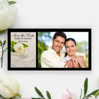 White Tulip, Pearls, Rings Wedding Save the Date