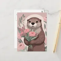 Adorable Otter With Flowers Postcard