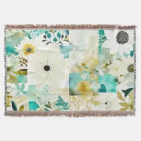 Pretty Folk Art White and Turquoise Flowers   Throw Blanket