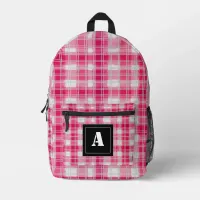 Plaid Pattern Gingham Check Raspberry Monogram Printed Backpack