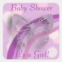 It's a Girl, Purple Butterfly and Rainbow Square Sticker