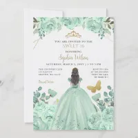 Mint Gold Floral Princess Butterfly Sweet 16 Invitation