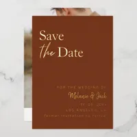 Terracotta Simple Calligraphy Photo Save The Date Foil Invitation