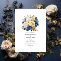 Blue and Gold Floral Wedding Invitation