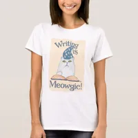 Cute Magic Writing Cat Cartoon Art Design T-Shirt