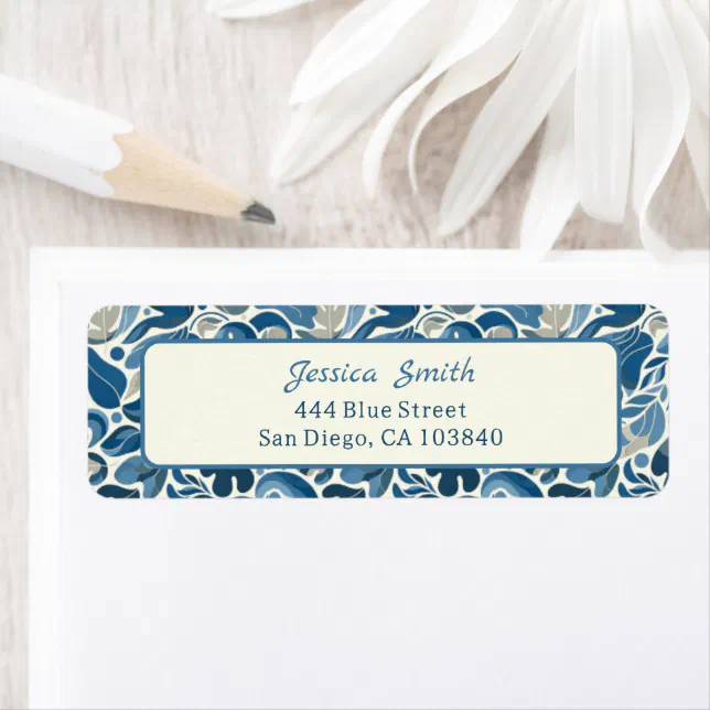 Elegant Blue Floral Wavy Pattern Return Address Label