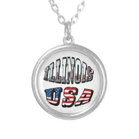 Illinois USA Flag & State Photo Text Round Silver Plated Necklace