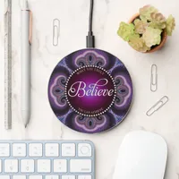 Believe : Inspire : Purple Fractals Cross Circle  Wireless Charger