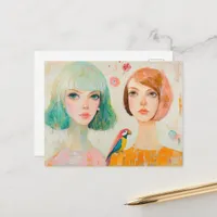 Two Women and a Parrot Bird Postcard