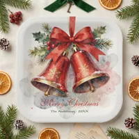 Vintage Red Bells Watercolor Christmas Dinner Paper Plates