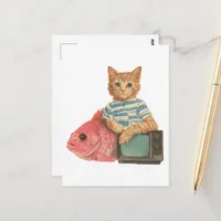 Cute Ginger Cat With Goldfish and TV Retro Collage Postcard