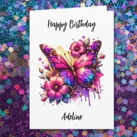 Pink and Purple Butterfly and Flowers Birthday Card