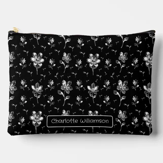 Floral Pattern Black And Silver Name Cosmetics Bag