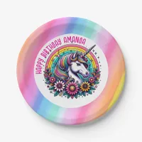 Colorful Unicorn and Rainbow Personalized Birthday Paper Plates