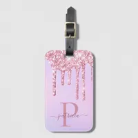 Glam Pink Glitter Drips Elegant Monogram Luggage Tag