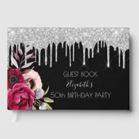 Birthday party silver rose gold glitter floral guest book