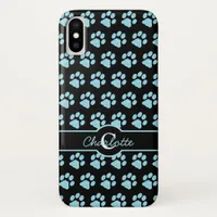 Paw Prints Glitter Teal Blue Stylish Monogram Dog iPhone X Case