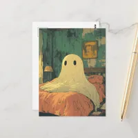 An adorable ghost in bed postcard