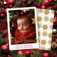 Gold Foil Snowflakes and Family Photo Personalized Foil Holiday Card