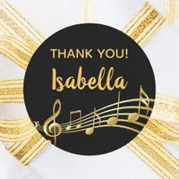 Gold music notes on elegant black thank you classic round sticker