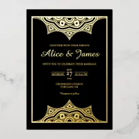 Crown Mandala Elegant Black Gold Foil Wedding Invitation