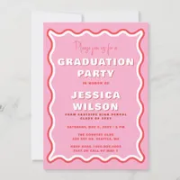 Retro Cute Wavy Pink Red Photo Graduation  Invitation