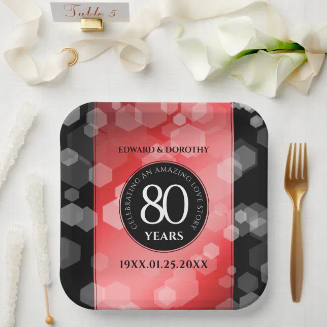 Elegant 80th Ruby Wedding Anniversary Celebration Paper Plates