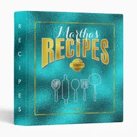 Gold Recipes & Utensils on Turquoise ID373 Binder
