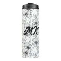 Modern Black and White Floral Monogrammed Thermal Tumbler