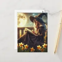 A Witch Reading Near the Daffodils Full Moon Night Postcard
