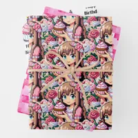 Pixel Art Girl's Pink Birthday Party Wrapping Paper Sheets