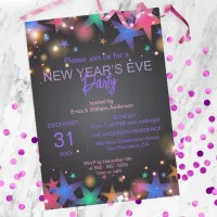 Vibrant Stars and Lights on Black New Year's Party Invitation