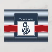 navy stripes, anchor, nautical wedding Thank you Postcard