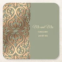 Elegant Modern Sage green gold wedding Luxury Gold Square Paper Coaster