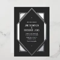 Charcoal Gray & Silver Gatsby Art Deco Wedding Foil Invitation