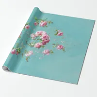 Vintage romantic pink roses on blue decoupage wrapping paper