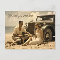 1930s retro picnic on the beach by a roadster postcard