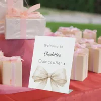 Bow cream beige Quinceanera welcome Pedestal Sign