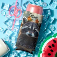 Cute Raccoon in Fall Leaves Personalized Seltzer Can Cooler
