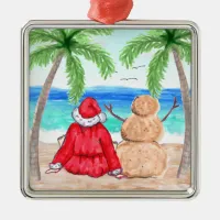 Merry Christmas Santa and Snowman on Beach Metal Ornament