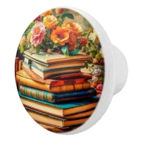 Antique Pile of Vintage Books and Flowers Ceramic Knob