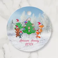 Cartoon Animals Dancing Around the Christmas Tree Favor Tags