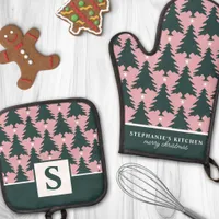 Christmas Tree Pattern Pink Green Monogrammed Oven Mitt & Pot Holder Set