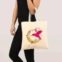 Pink Hummingbirds and Exotic Flowers Monogrammed Tote Bag