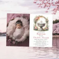 Pink Floral Elegant Cross Baptism Photo Invitation